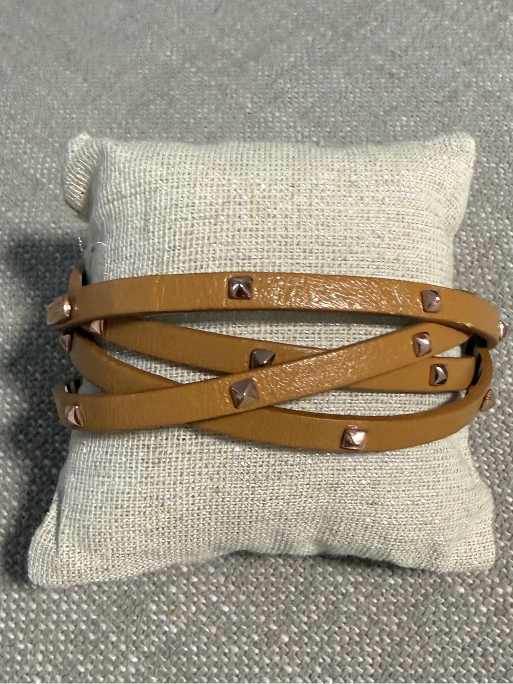 Henri Bendel Leather Studded Wrap Bracelet in Tan and Gold EUC